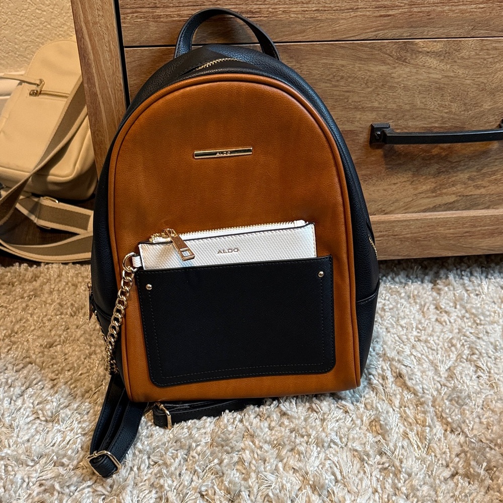 Aldo Camel and Black Backpack with Gold Detail